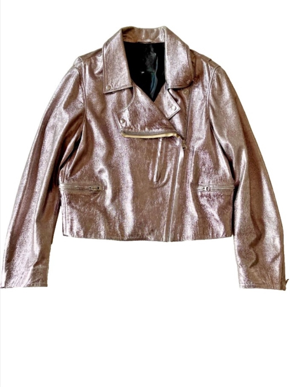 Alexander McQueen McQ Metallic Silver Leather Moto Jacket IT 44 / US 8 10